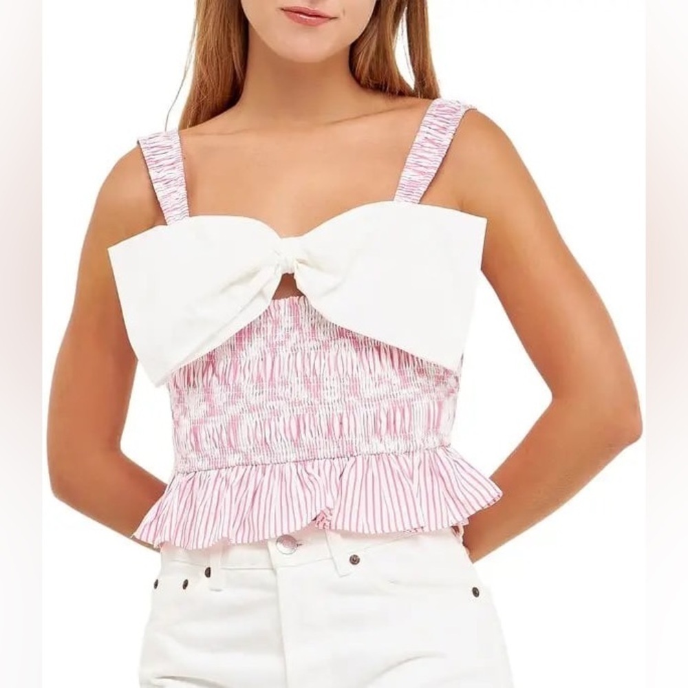🔆 English Factory Pink and White Bow Detail Top, Size Small